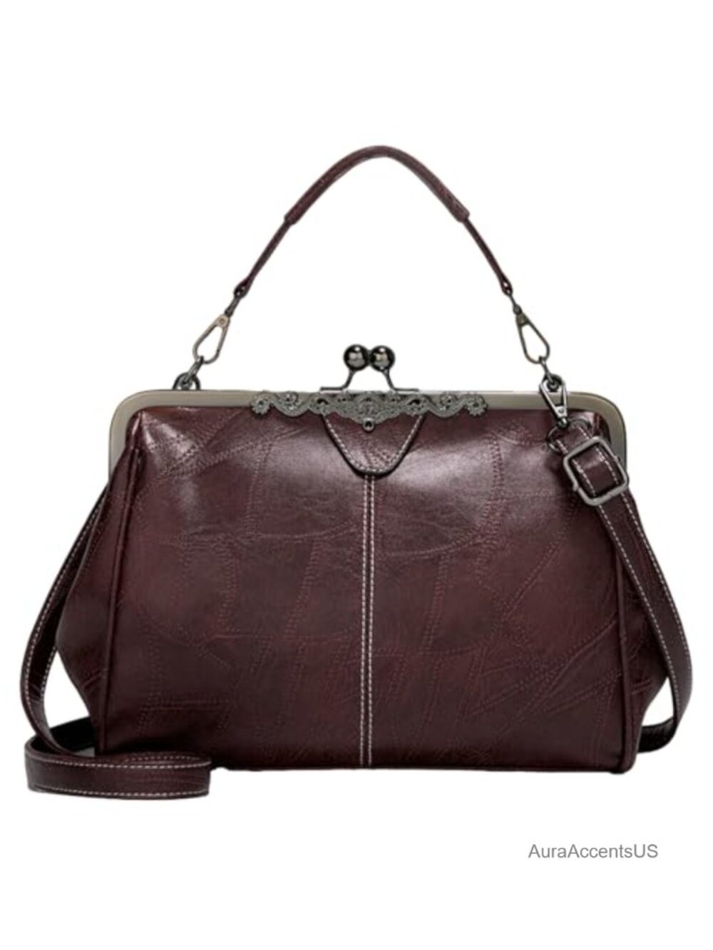 Vintage Crossbody Bag Top Handle Kiss Lock Handbag Satchel PU Leather